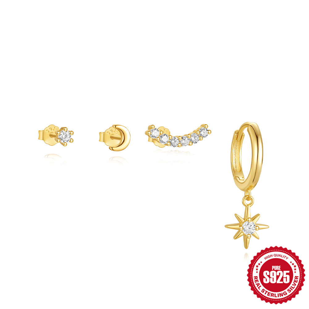 Europeo y americano transfronterizo s925 plata de ley estilo ins simple orejeras clásicas estrella de cinco puntas corona relámpago juego de diamantes