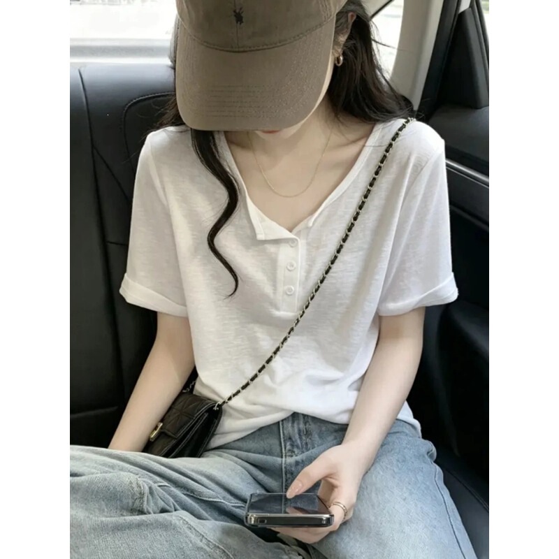 White Cool Cotton Half-Open Collar Short-Sleeve T-Shirt for Women, Thin Summer New Style, Solid Color, Loose Fit, Slimming, Versatile Top, Artistic