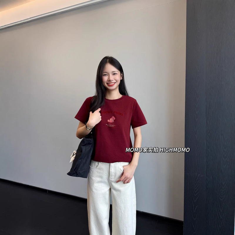 Year of the Horse, Success Awaits: New Year's Color Flocked Letter Print Loose Slimming Short Sleeve T-Shirt for Women 26 Spring New 018