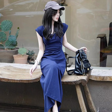 法式蓝色收腰修身小众垂感显瘦显身材气质连衣裙子女夏季初恋长裙