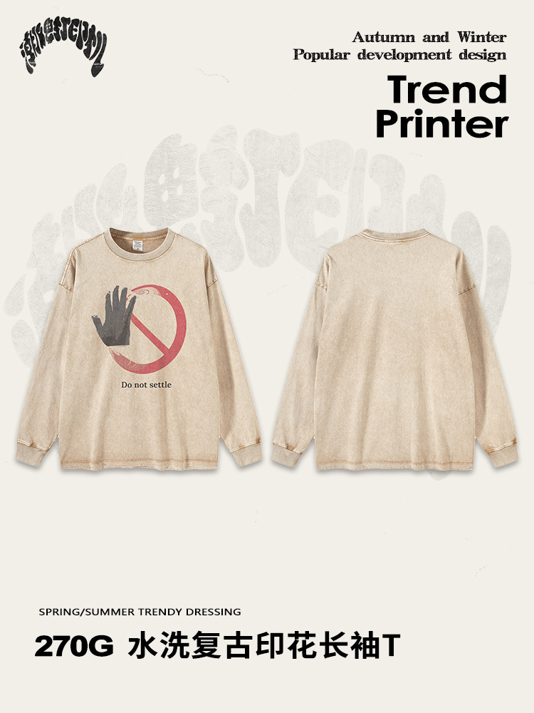 Impresora de marcas| 2025 primavera y otoño versión suelta de algodón retro lavado en agua mangas largas no toque impresión digital camiseta hombre