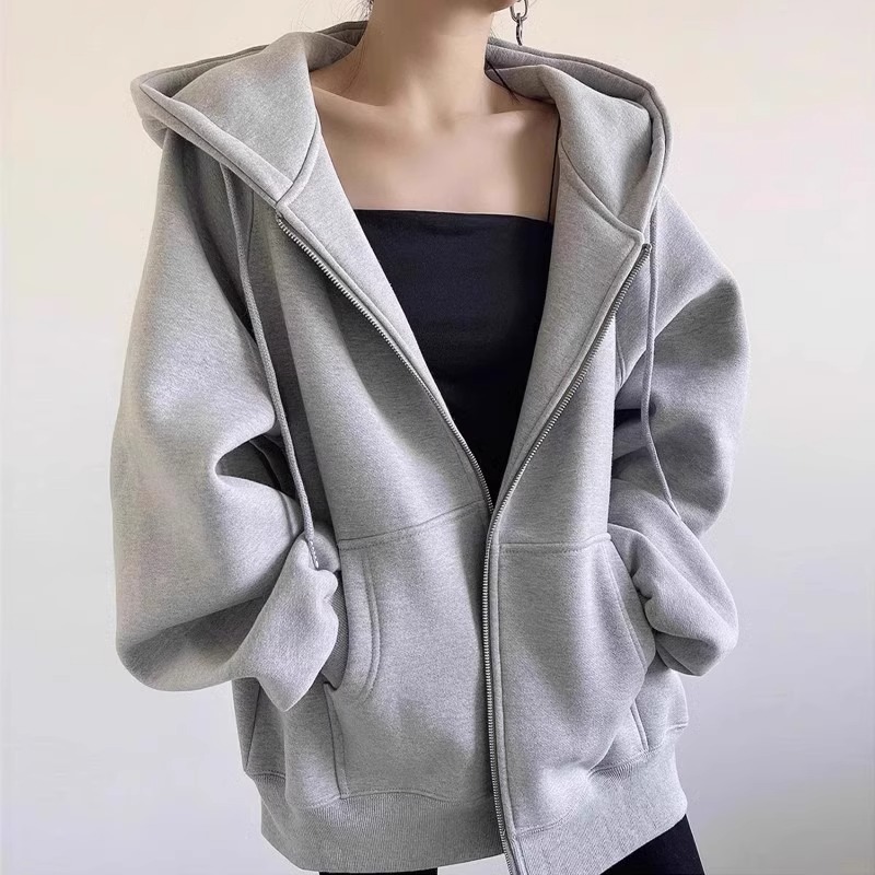 连帽卫衣女2025新款春秋灰色宽松外套慵懒风夏季薄款休闲开衫上衣|undefined