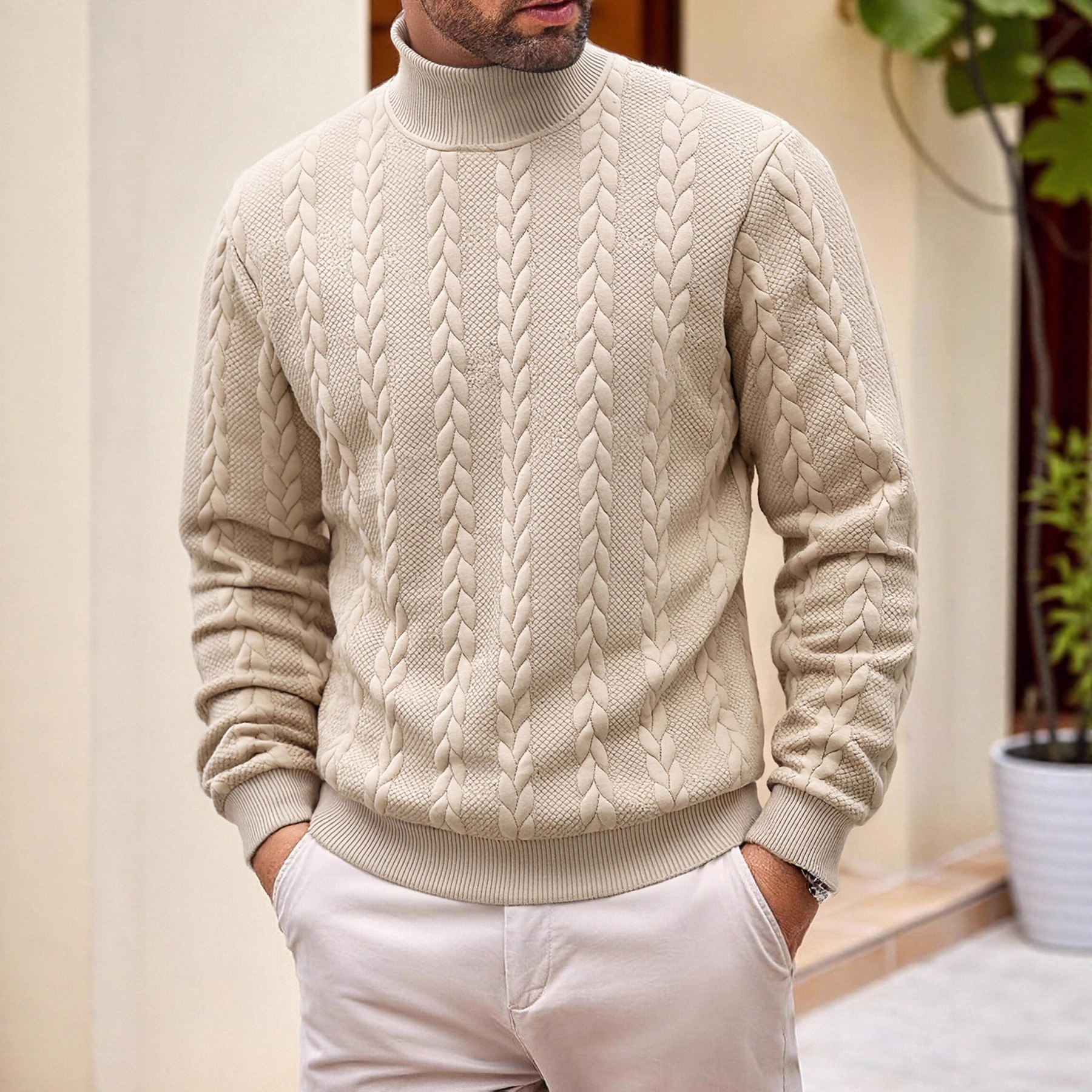 Transfronterizo europeo otoño invierno jersey jersey diario de color sólido joven hombre moda jacquard cuello alto jersey cálido hombre