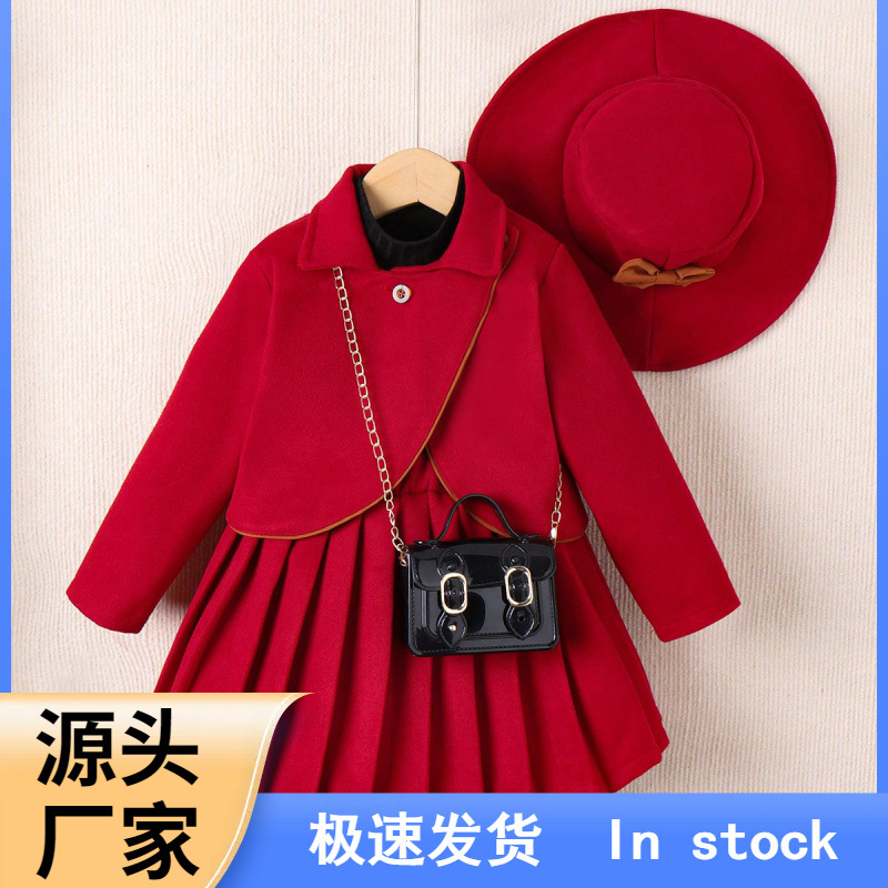 韩版气质秋冬女童套装中小童毛呢翻领长袖外套百褶短裙帽子三件套