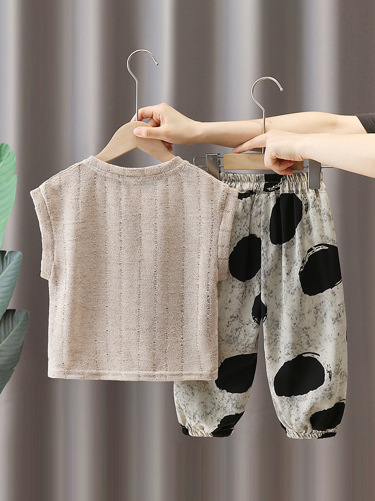 5717 traje de verano para niños 2025 nuevo chaleco hueco sin mangas para niños pantalones anti-mosquitos de verano para niños de dos piezas