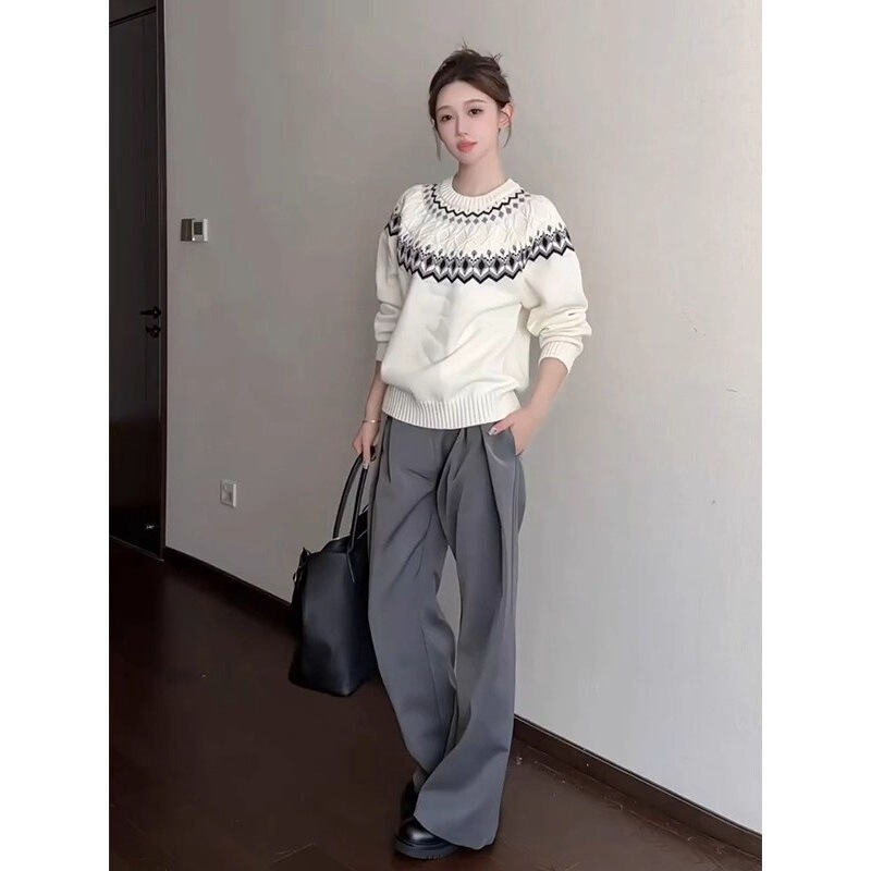 Real Price【Three Strands of Sheep Wool】Vintage Fair Isle Long-Sleeve Knit Sweater for Women, Loose and Lazy Style, Autumn and Winter Real Price【Three Strands of Sheep Wool】Vintage Fair Isle Long-Sleeve Knit Sweater for Women, Loose and Lazy Style, Autumn and Winter