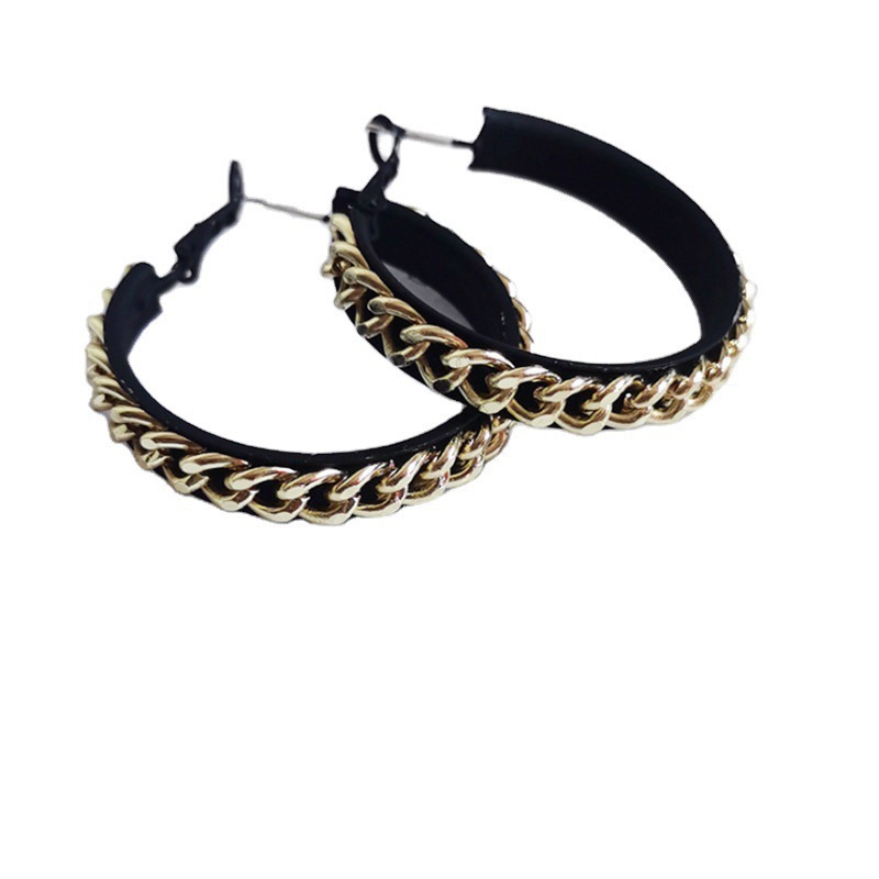 Korean version of metal chain black leather ear hoop earrings