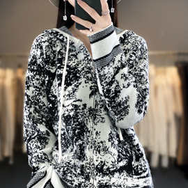 2023秋冬新款加厚羊毛拉链开衫水墨画上衣女帽衫提花宽松毛衣外套