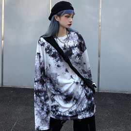 跨境2024春秋韩版中长款打底衫复古渐变扎染宽松百搭长袖T恤女ins