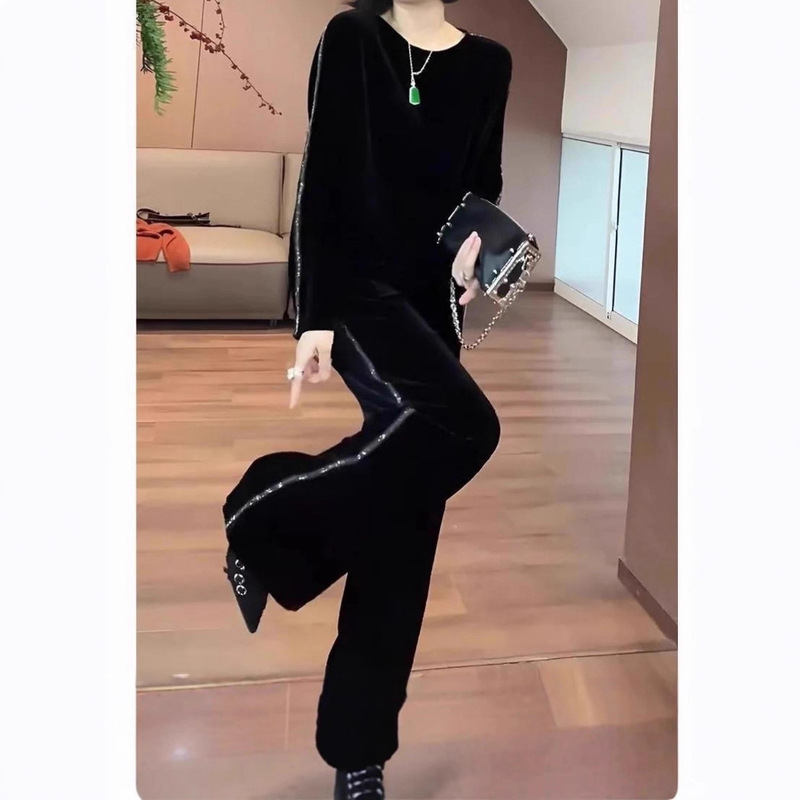 Black Fashion Casual Suit Spring and Autumn Stylish High-End Velvet Top + Wide-Leg Pants Japanese and Korean Women's Two-Piece Set