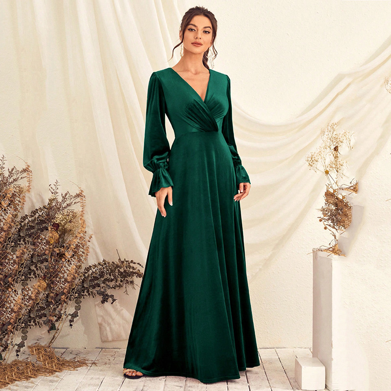 Vestido de Noche para Comercio Exterior de Amazon, Nuevo Vestido de Primavera con Cintura Ajustada, Vestido de Banquete de Gasa con Cuello en V, Manga Larga, de una Pieza, Dropshipping