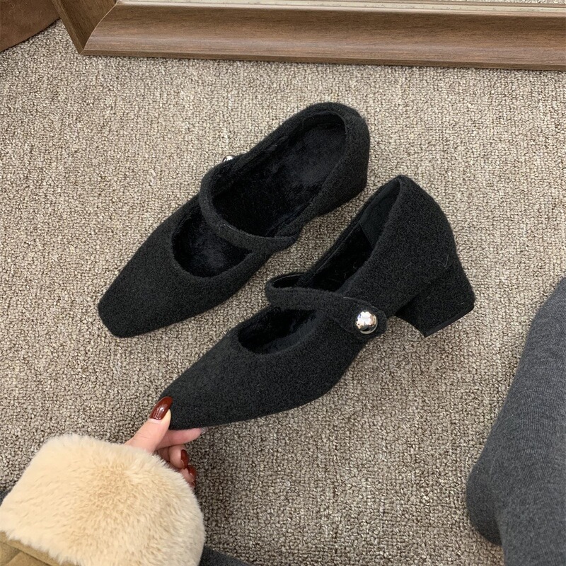 方头灰色粗跟单鞋女冬季款法式气质加绒晚晚高跟玛丽珍毛毛鞋|undefined