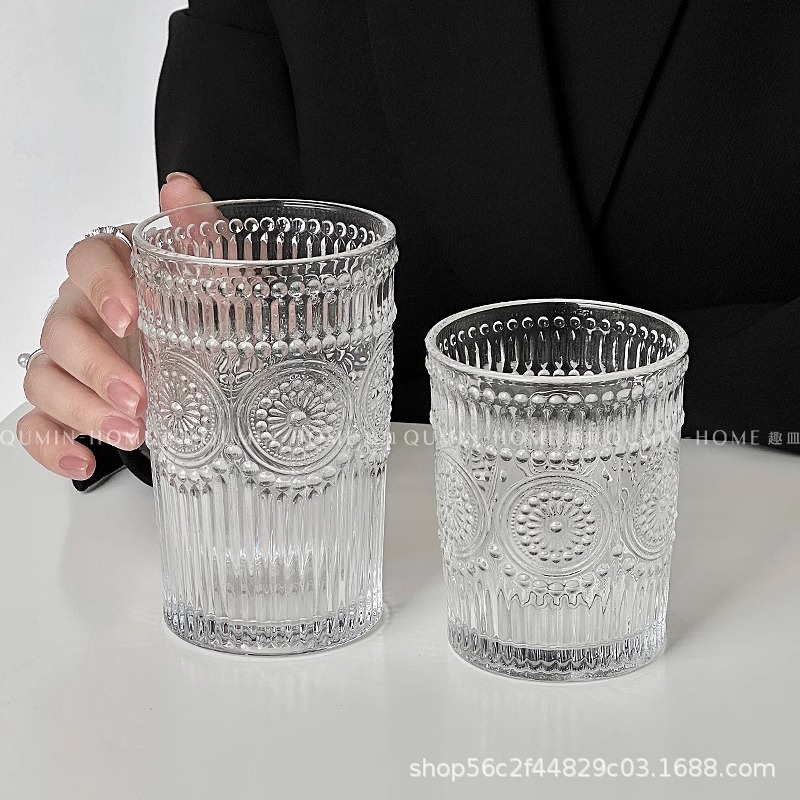 INS estilo girasol taza de agua de alta apariencia vintage taza de vidrio en relieve hielo taza de café americano hogar bebida fría taza