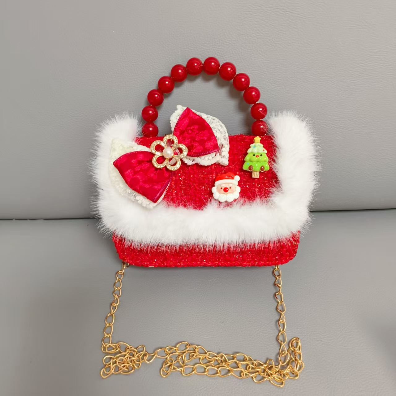 Gran bolso de perla de arco rojo, Santa Claus, bolso de Año Nuevo, cartera de Año Nuevo, hombro, pequeño viento fragante