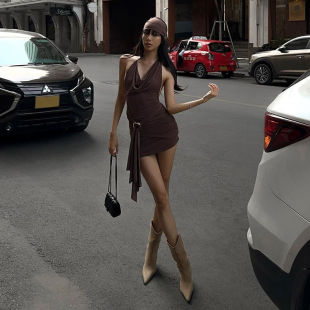 European and American-style Neck Suspender Short Skirt Sexy Spice Girl 2024 New Solid Color Inner Waist Backless dress