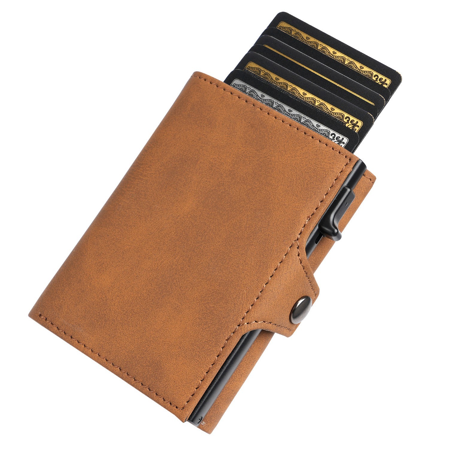 Amazon multifuncional con cremallera, funda para tarjeta, empuje lateral, caja de tarjeta de metal, hebilla, billetera de cuero para hombre