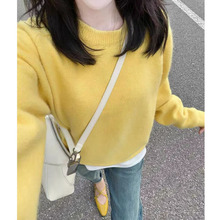 黄色圆领针织毛衣女秋冬新款宽松显瘦韩版小众设计感气质百搭上衣
