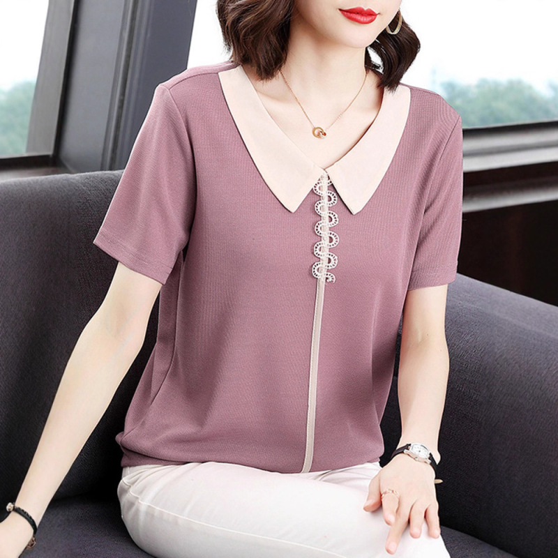 Mom's T-Shirt for Women in Summer 40-50 Years Old, Fashionable and Elegant Doll Collar Cotton Loose Belly-Covering Middle-Aged Short-Sleeved Top Mom's T-Shirt for Women in Summer 40-50 Years Old, Fashionable and Elegant Doll Collar Cotton Loose Belly-Covering Middle-Aged Short-Sleeved Top