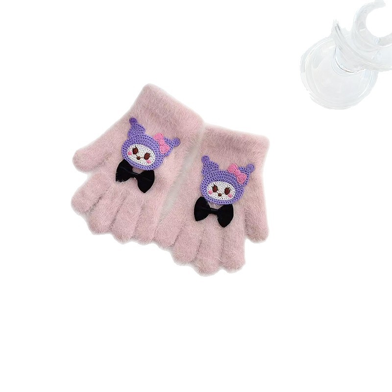 Guantes para niños otoño y invierno caliente corbata de dibujos animados galería de arroz dedo de las niñas guantes de punto de lana pelusa gruesa