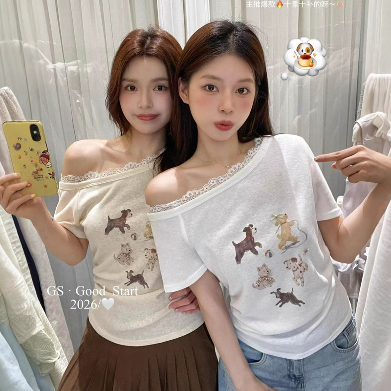 Gs.Good Start Is a Great Seller in Summer, Casual and Sweet One-Shoulder Lace-Trimmed Printed Off-Shoulder T-Shirt Top