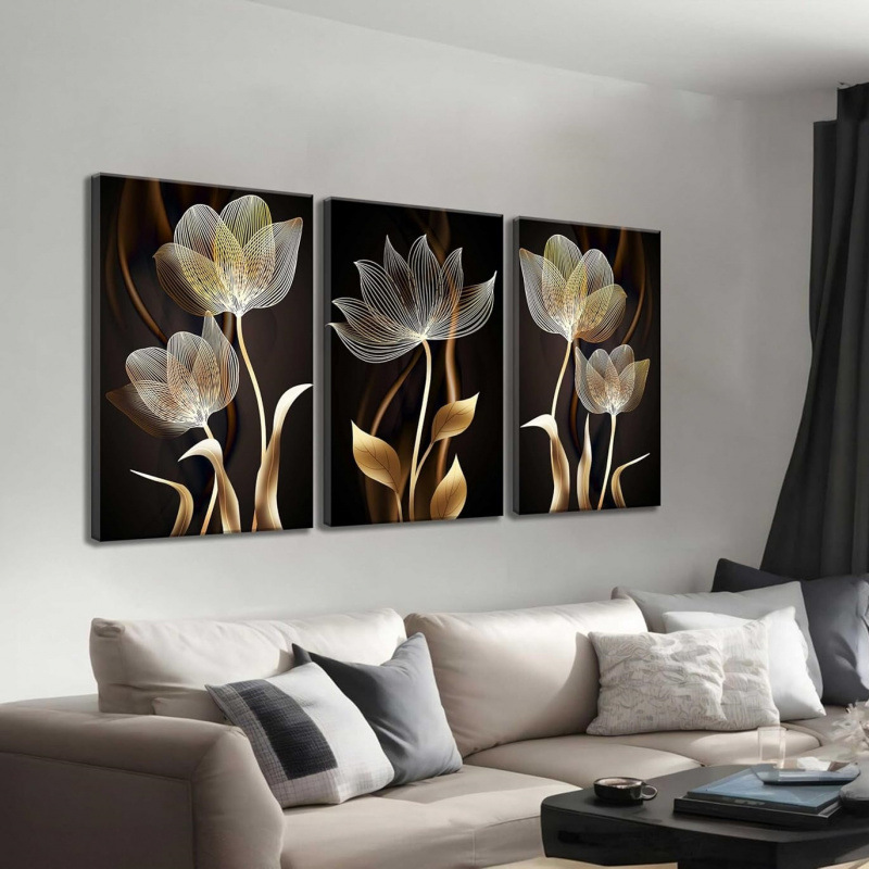 2026 A2203 TEMU almacén en el extranjero comercio exterior negro y oro flor temático conjunto de pintura de lienzo mural