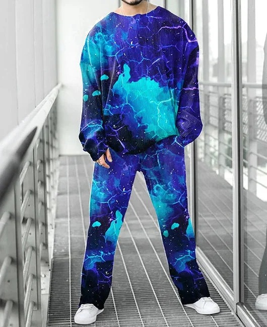 Colorido estilo personalizado estampado de dos piezas guapo otoño nuevo color contraste estilo Hong Kong cuello redondo camiseta pantalones ME6-MR10