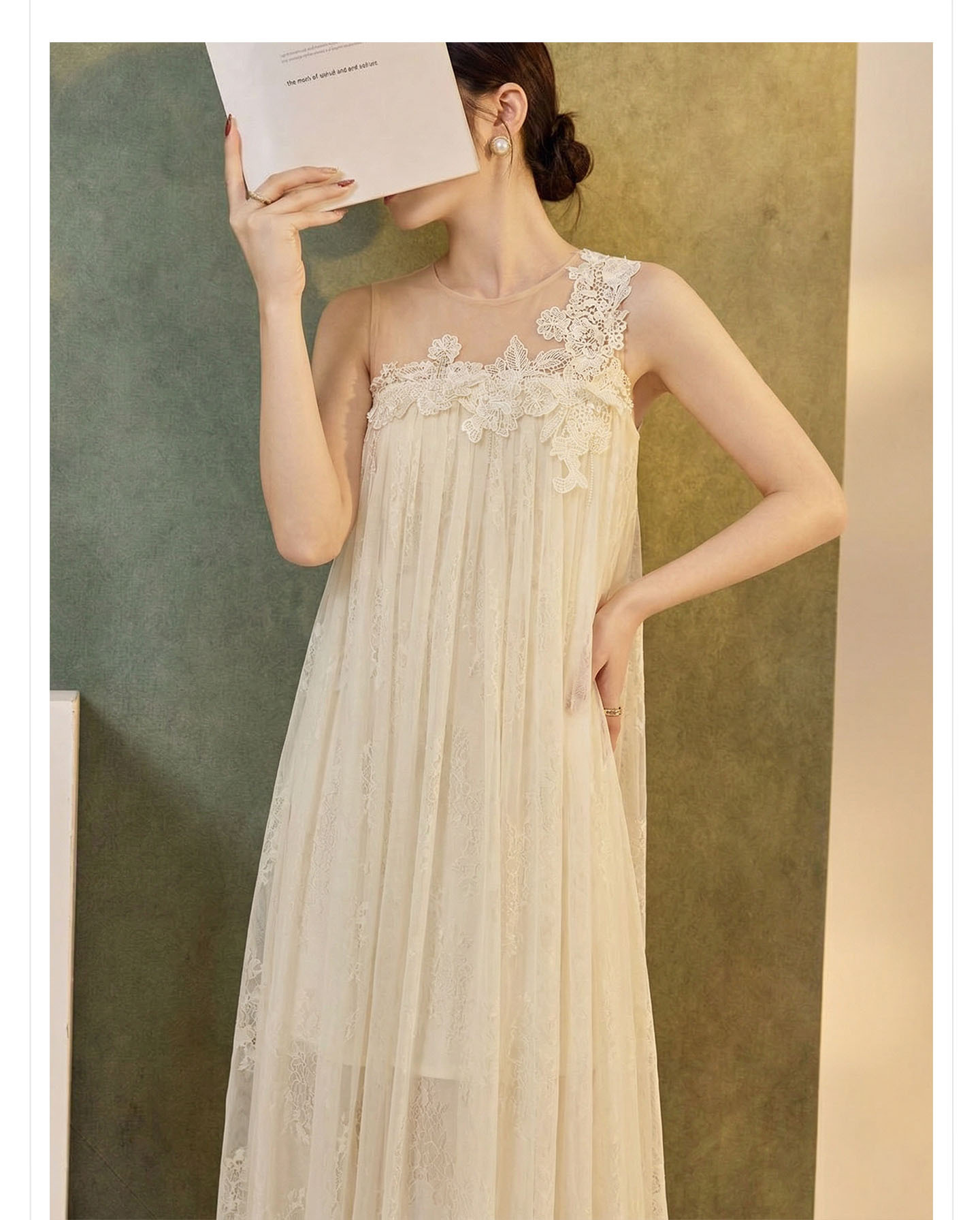 Váy ren lưới phối ren nổi thắt eo dáng maxi mùa hè phong cách nghỉ dưỡng — màu trắng ngà chi tiết 3