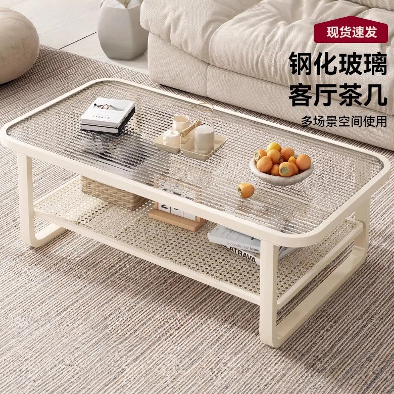 Mesa de té sala de estar doméstica 2025 nueva pequeña mesa móvil creativa de vidrio templado crema mesa de té de viento