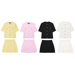 ヨーロッパとアメリカンスタイルの女性の卸売女性の半袖ニットトップスニットミニスカート