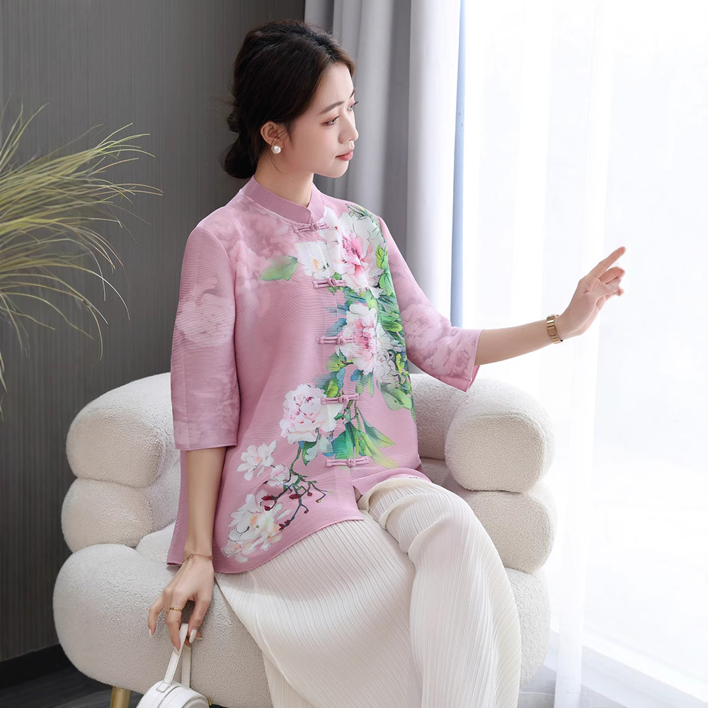 Linnuo Aristocratic Family 2025 Spring New Printed Buckle Top with Elasto Waist Straight Pants for Old Mother Women's Suit