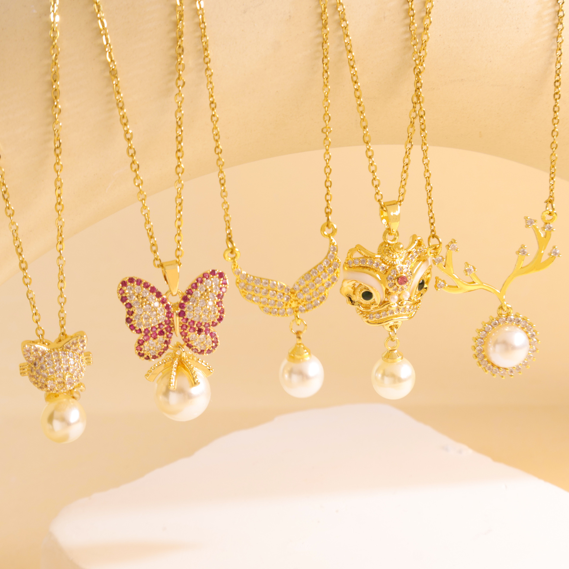 Pearl, Zircon Inlay Material Pendant Necklace Classification Titanium Steel Chain Material cable chain Chain Type Wholesale Jewelry IG Style Shiny Butterfly Fish Tail Antlers Titanium Steel Copper Pearl Zircon Inlay Pendant Necklace Cable Chain