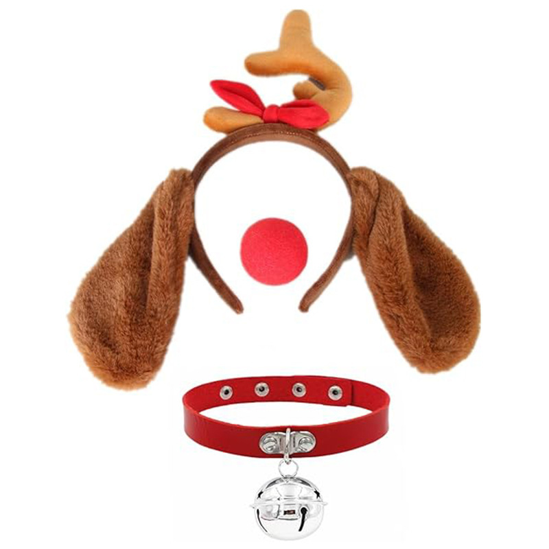 2025 クリスマス鹿の角ヘアバンド、ぬいぐるみ犬耳付きクリスマス帽子、レッグウォーマー、手袋、漫画犬コスプレ|undefined