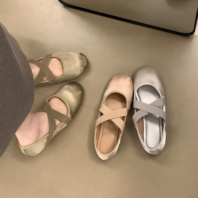 First Encounter with the Satin Round-Toe Flat Ballet Shoes, 2026 New Versatile Cross-Strap Mary Jane Shoes, Retro