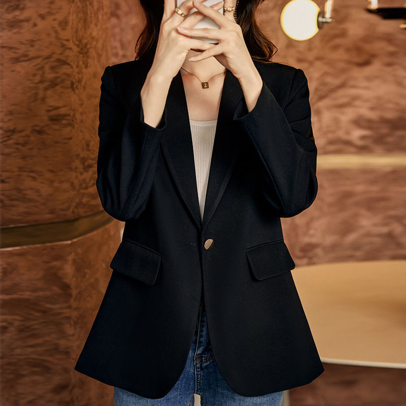 感黑色开叉西装外套女中长款春秋新款韩版宽松显瘦小西服|undefined