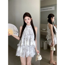 昕可达【江南呓语】新中式套装淡雅水墨印花挂脖上衣雪纺半裙