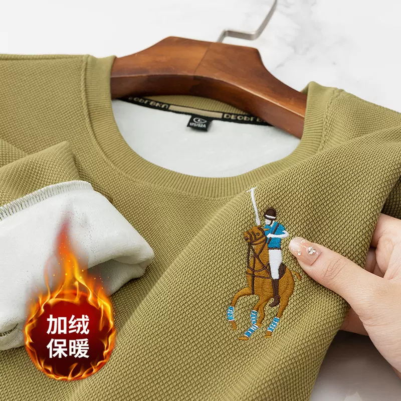 保罗秋冬季华夫格卫衣品牌刺绣高端体恤圆领长袖男士加绒保暖卫衣