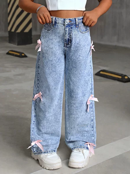 Cross-Border Exclusive Supply of Amazon's Popular Fashion New Style Snow-Washed Denim Wide-Leg Pants with Bow Decoration for Girls