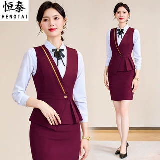 职业马夹套装女春秋2024新款高端工装酒店餐饮服务员收银员工作服