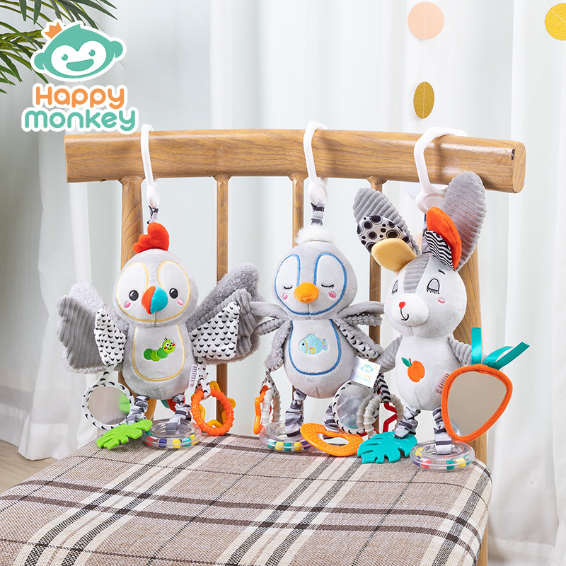 Happy monkey recién nacido calmar muñeca coche colgar cama colgar campana bebé campana cama juguetes de educación temprana para bebés