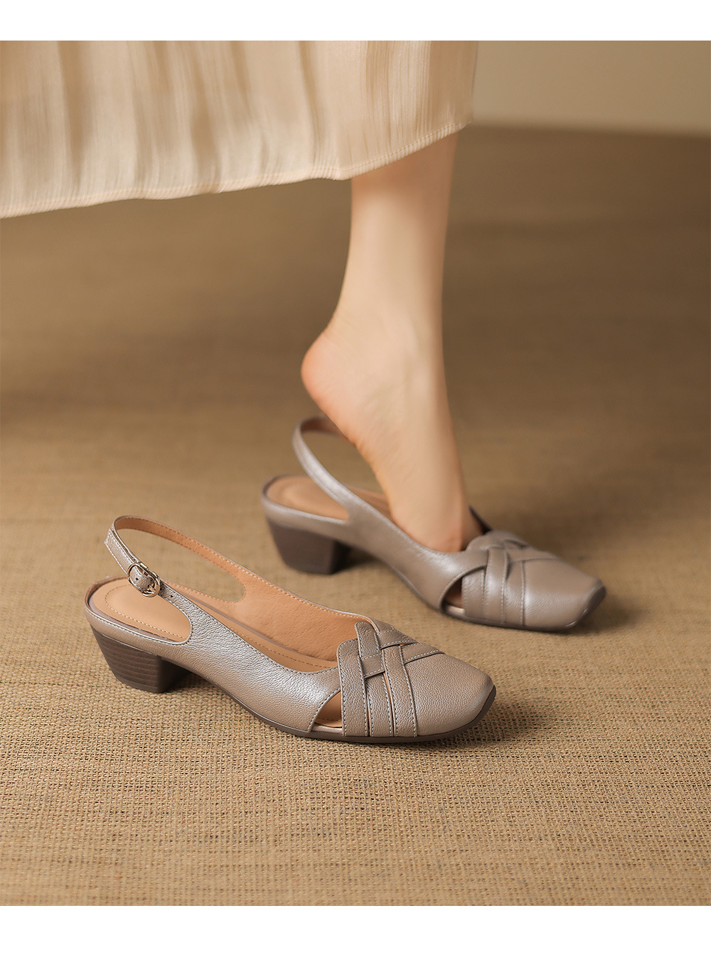 Sandal nữ mũi nhọn quai dệt gót thô 3.5 cm da cừu — Champagne màu chi tiết 8