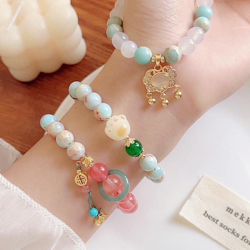 新中式復古壽山石手串貓爪葫蘆平安扣福鎖手鍊氣質百搭手串女批發