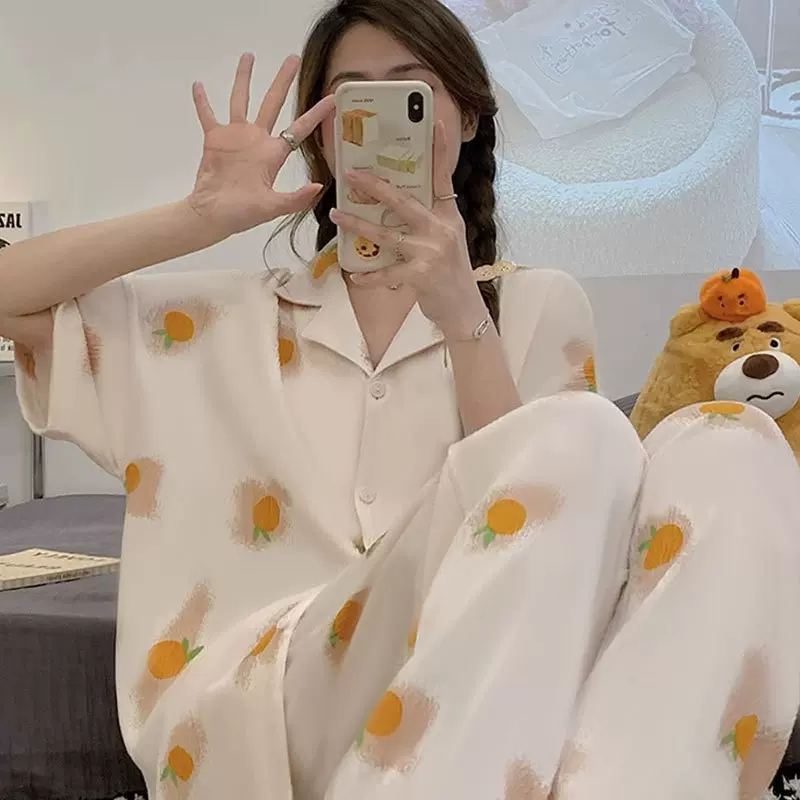 夏季睡衣女橘子短袖可外穿仿棉可爱甜美少女休闲家居服两件套装春