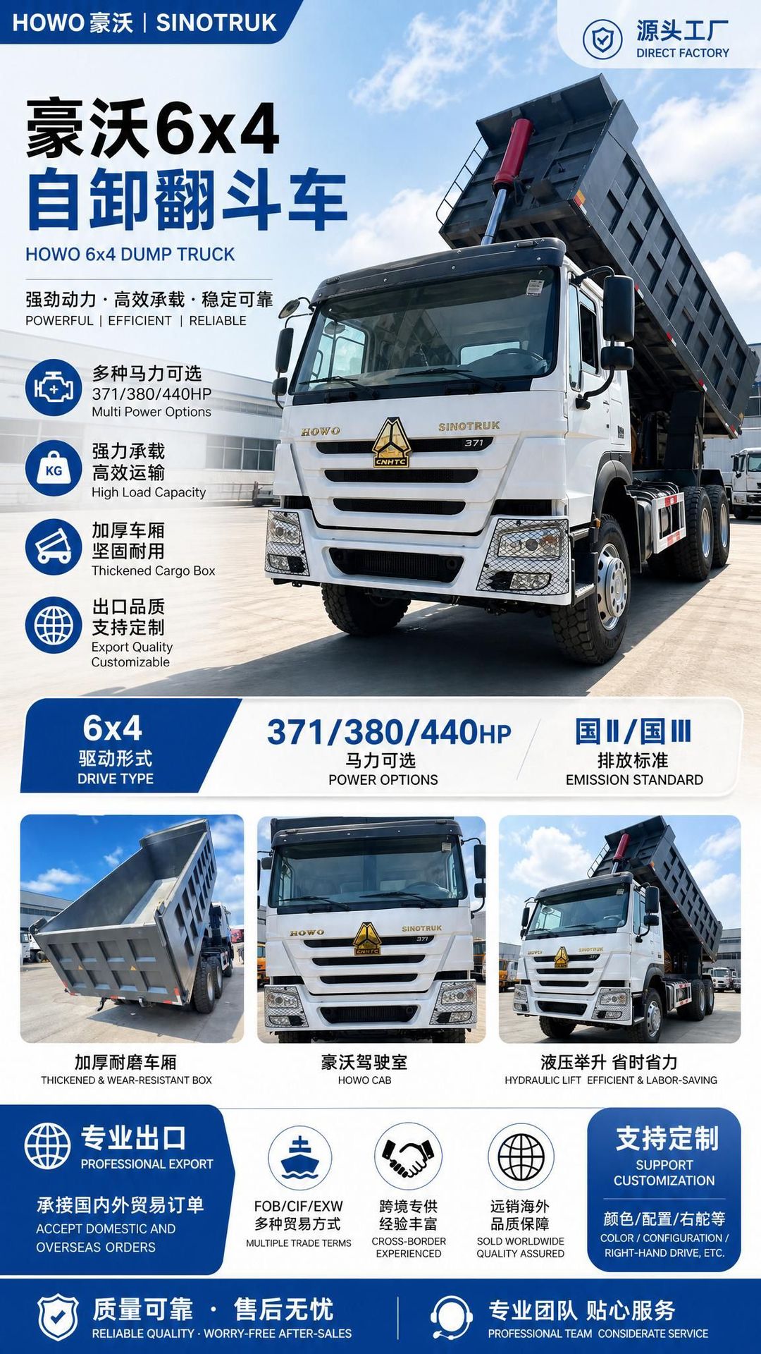 Cross-border HOWO 6x4 heavy-duty dump truck 371/380/440 can be converted to a right-hand drive Euro 2/Euro 3 dump truck