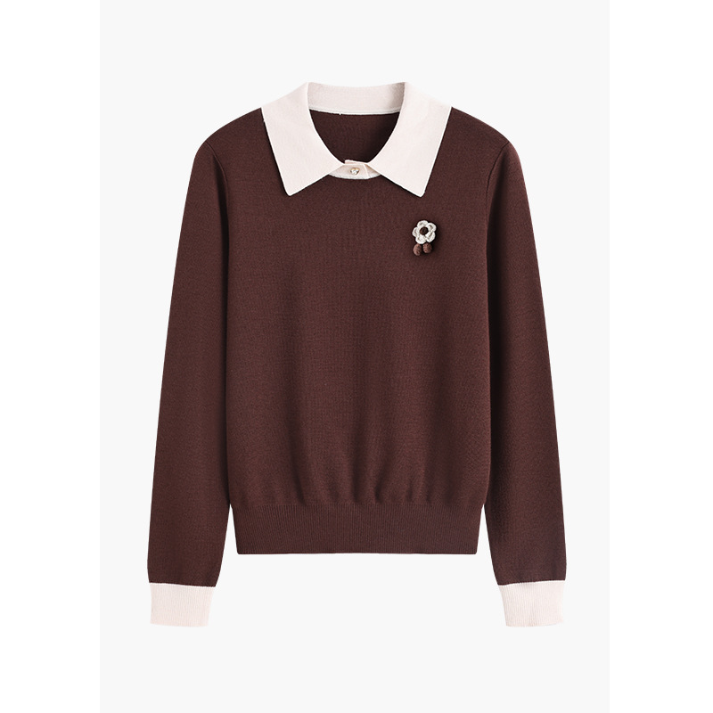 2025 New Autumn and Winter Fake Two-Piece Knitwear Women's Design Lapel Long-Sleeved Contrasting Retro Sheep Wool Top