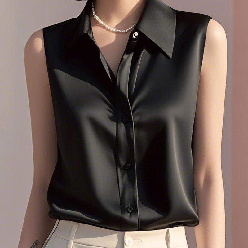 Multi-Color French-Style Gentle Satin Polo Collar Sleeveless Shirt for Women, New Summer Versatile Casual Elegant Blouse