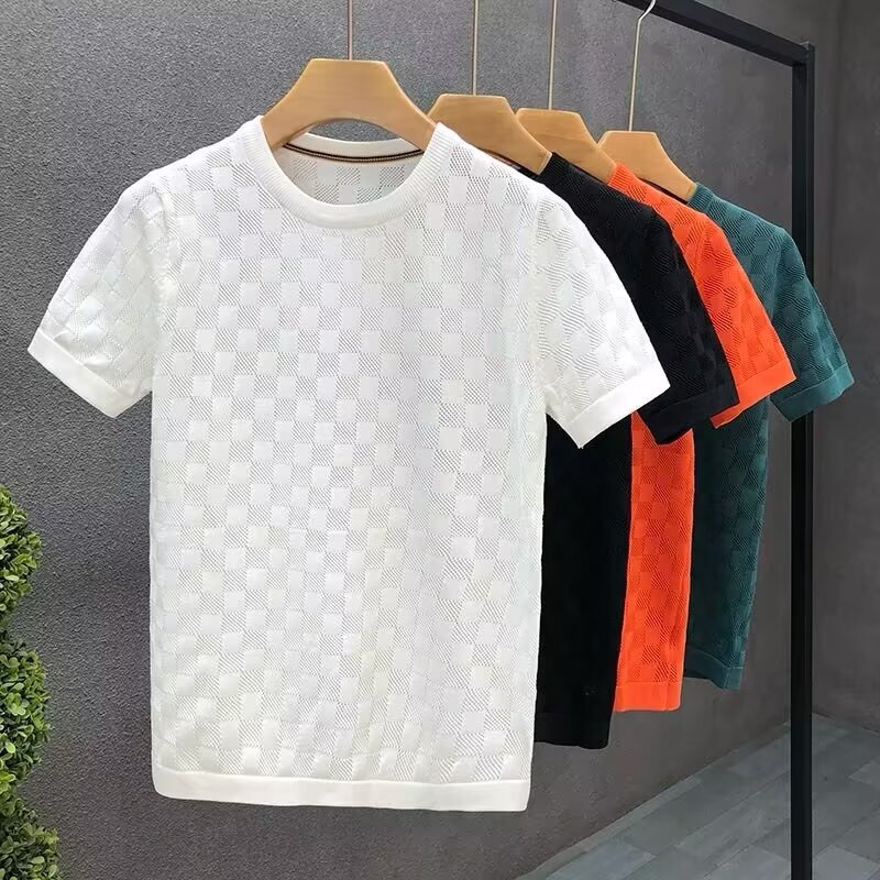 High-end Summer Thin Hollow White Knitted Short-sleeved Men's Korean-style Mesh Breathable Crewneck Sweater Men's T-shirt