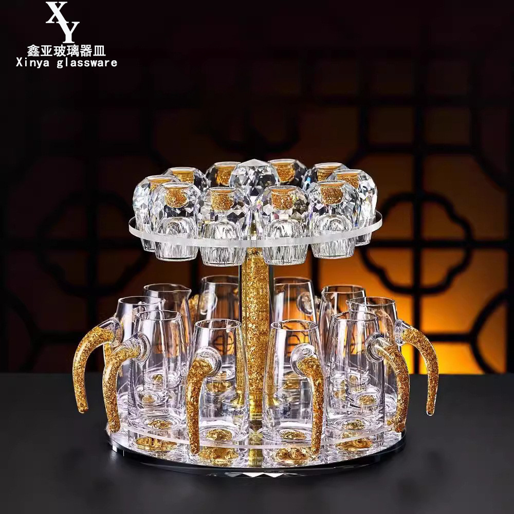 Copa de licor de lámina de oro conjunto de vidrio de cristal dos dos puntos jar Jinshan taza de bala porta taza doméstica mayorista