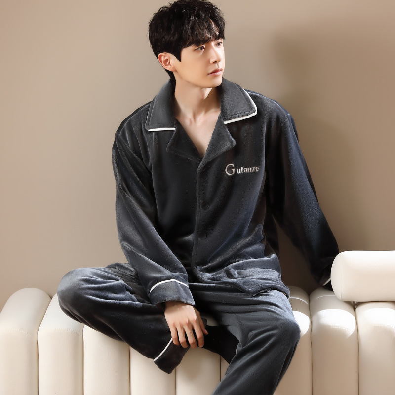 남성 잠옷 산호 벨벳 플러스 벨벳 두꺼운 플란넬 새로운 대형 따뜻한 가정 복장 남성 가을, 겨울