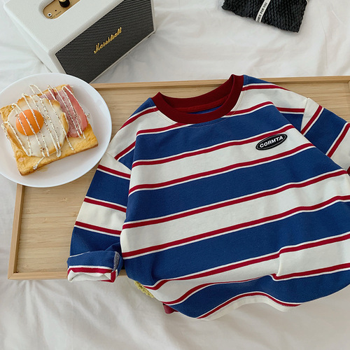 Tongchenchenma boys long-sleeved T-shirt loose and fashionable autumn children's contrast striped stylish T-shirt round neck top trendy