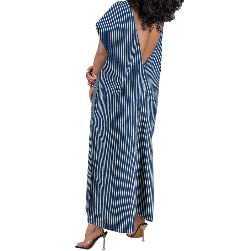 Plus Size Women's Clothing Denim Long Dress Sleeveless Round Neck Striped Pattern_ecoleips.com
